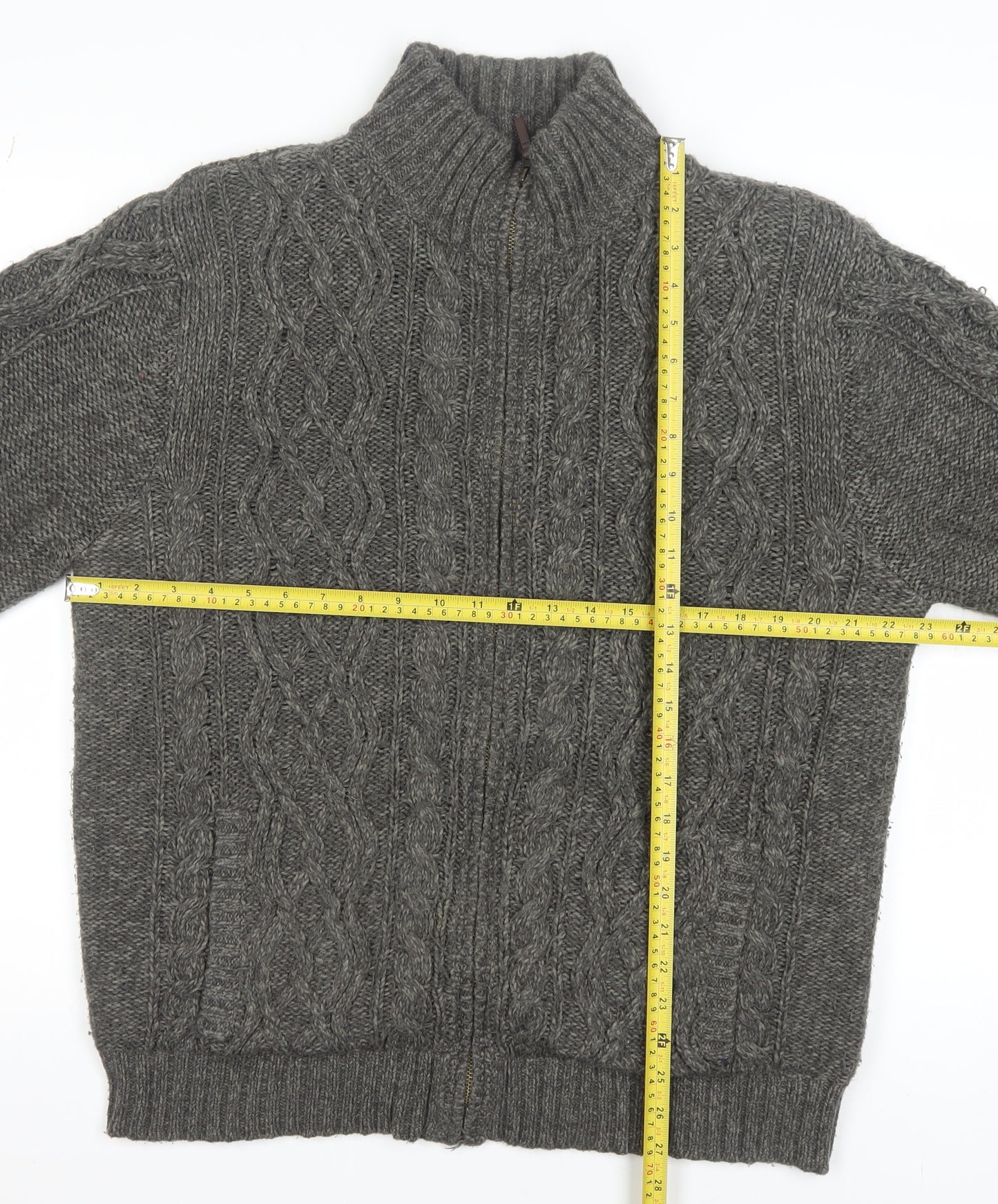 Boston Crew Men's Grey Full Zip Cable Knit Jumper L Warm Lined High Neck