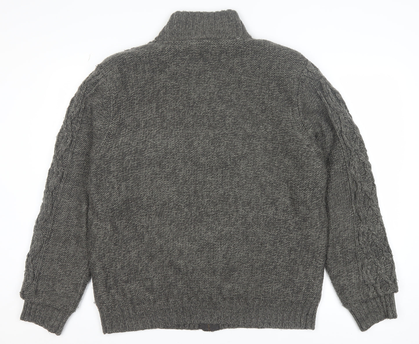 Boston Crew Men's Grey Full Zip Cable Knit Jumper L Warm Lined High Neck