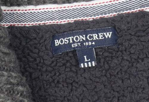 Boston Crew Men's Grey Full Zip Cable Knit Jumper L Warm Lined High Neck