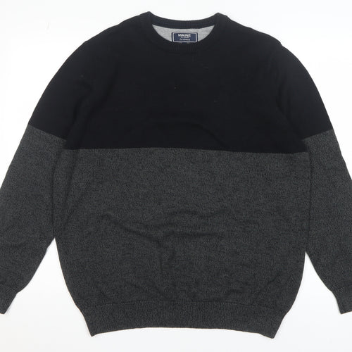 Maine New England Men Black Grey Cotton Crew Neck Jumper L Classic Knit
