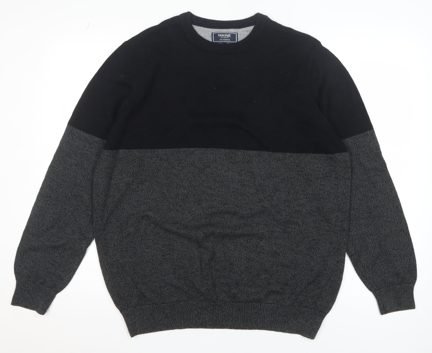 Maine New England Men Black Grey Cotton Crew Neck Jumper L Classic Knit