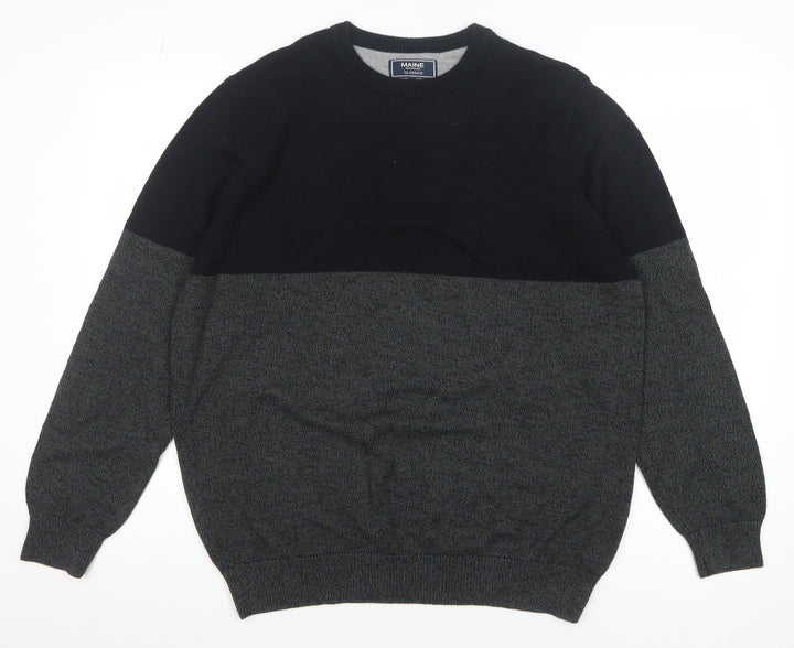 Maine New England Men Black Grey Cotton Crew Neck Jumper L Classic Knit