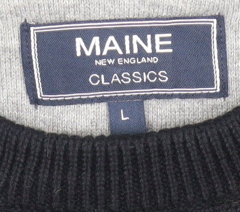 Maine New England Men Black Grey Cotton Crew Neck Jumper L Classic Knit