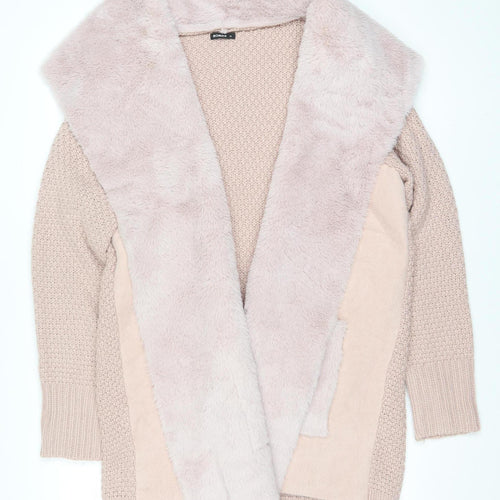 Roman Women’s Beige Faux Fur Trim Open Knit Long Sleeve Cardigan Size 16