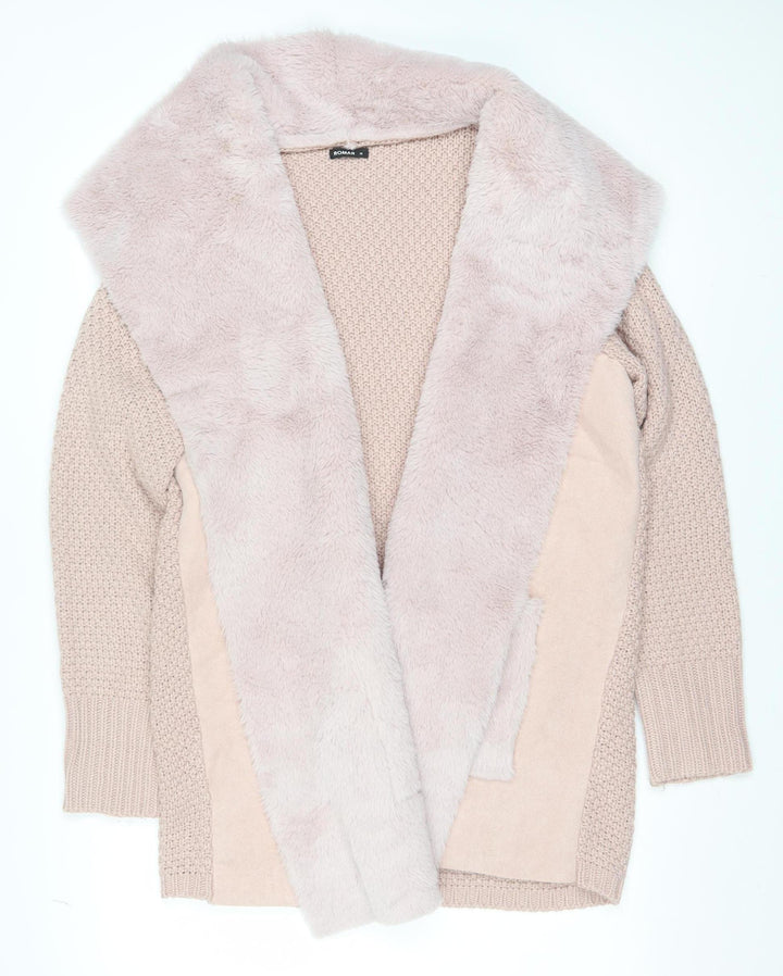 Roman Women’s Beige Faux Fur Trim Open Knit Long Sleeve Cardigan Size 16
