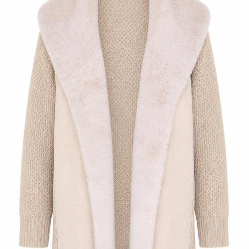 Roman Women’s Beige Faux Fur Trim Open Knit Long Sleeve Cardigan Size 16