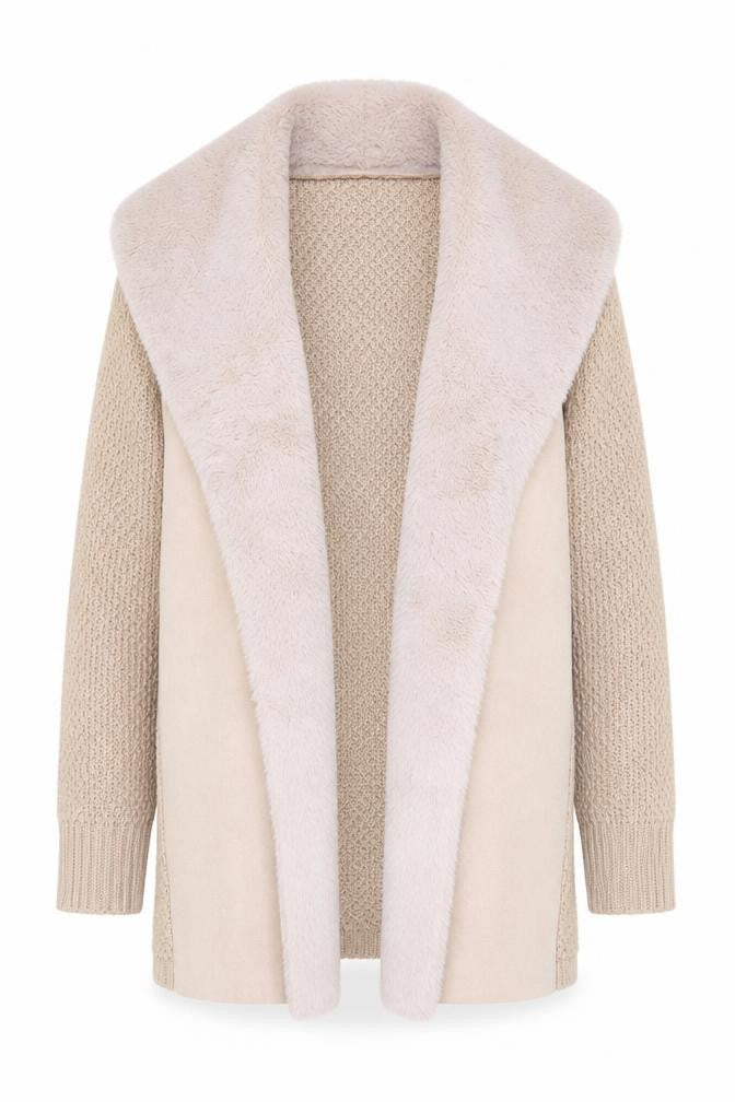 Roman Women’s Beige Faux Fur Trim Open Knit Long Sleeve Cardigan Size 16