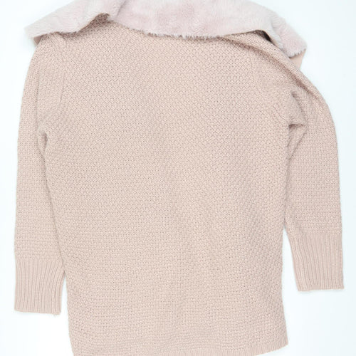 Roman Women’s Beige Faux Fur Trim Open Knit Long Sleeve Cardigan Size 16