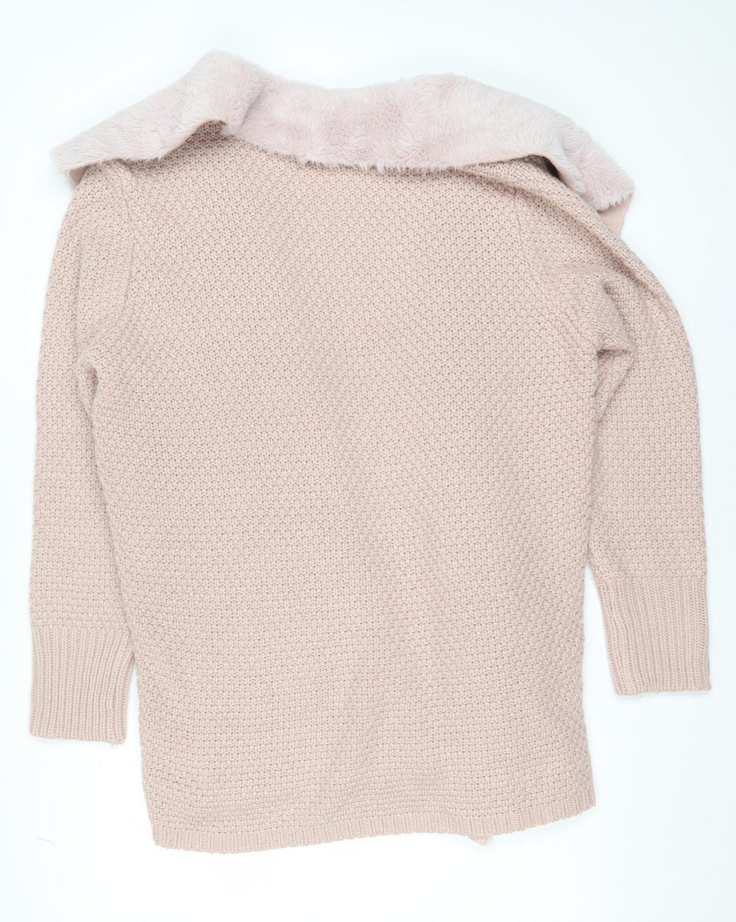 Roman Women’s Beige Faux Fur Trim Open Knit Long Sleeve Cardigan Size 16