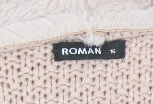 Roman Women’s Beige Faux Fur Trim Open Knit Long Sleeve Cardigan Size 16