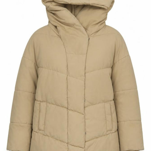 Noisy May Women’s Beige L Hooded Puffer Jacket with Zip Pockets
