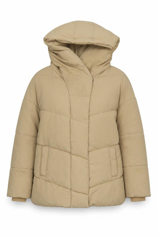 Noisy May Women’s Beige L Hooded Puffer Jacket with Zip Pockets