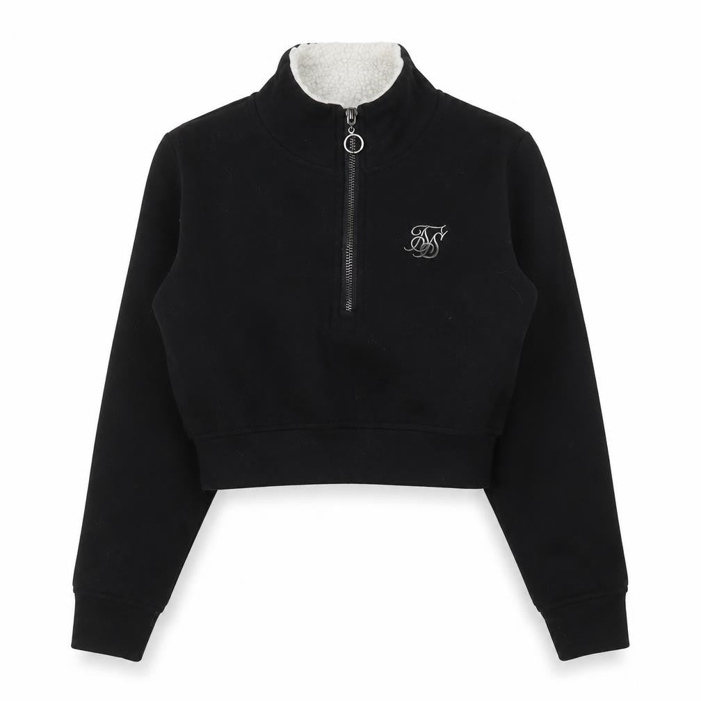 Front view of SikSilk Women's Black 1/4 Zip Cropped Sweatshirt, size 6