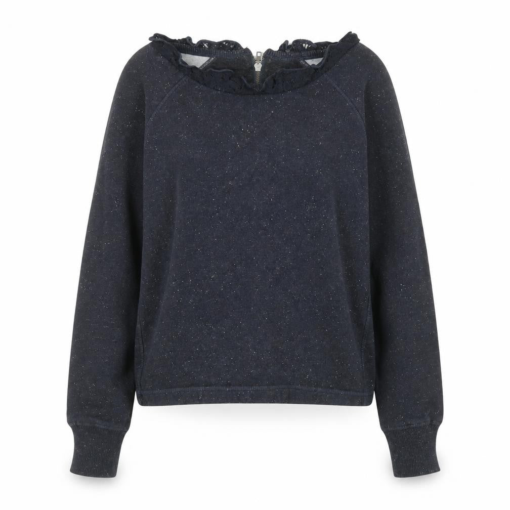 Front view of Superdry women’s navy blue lace neck long sleeve sweatshirt, size M