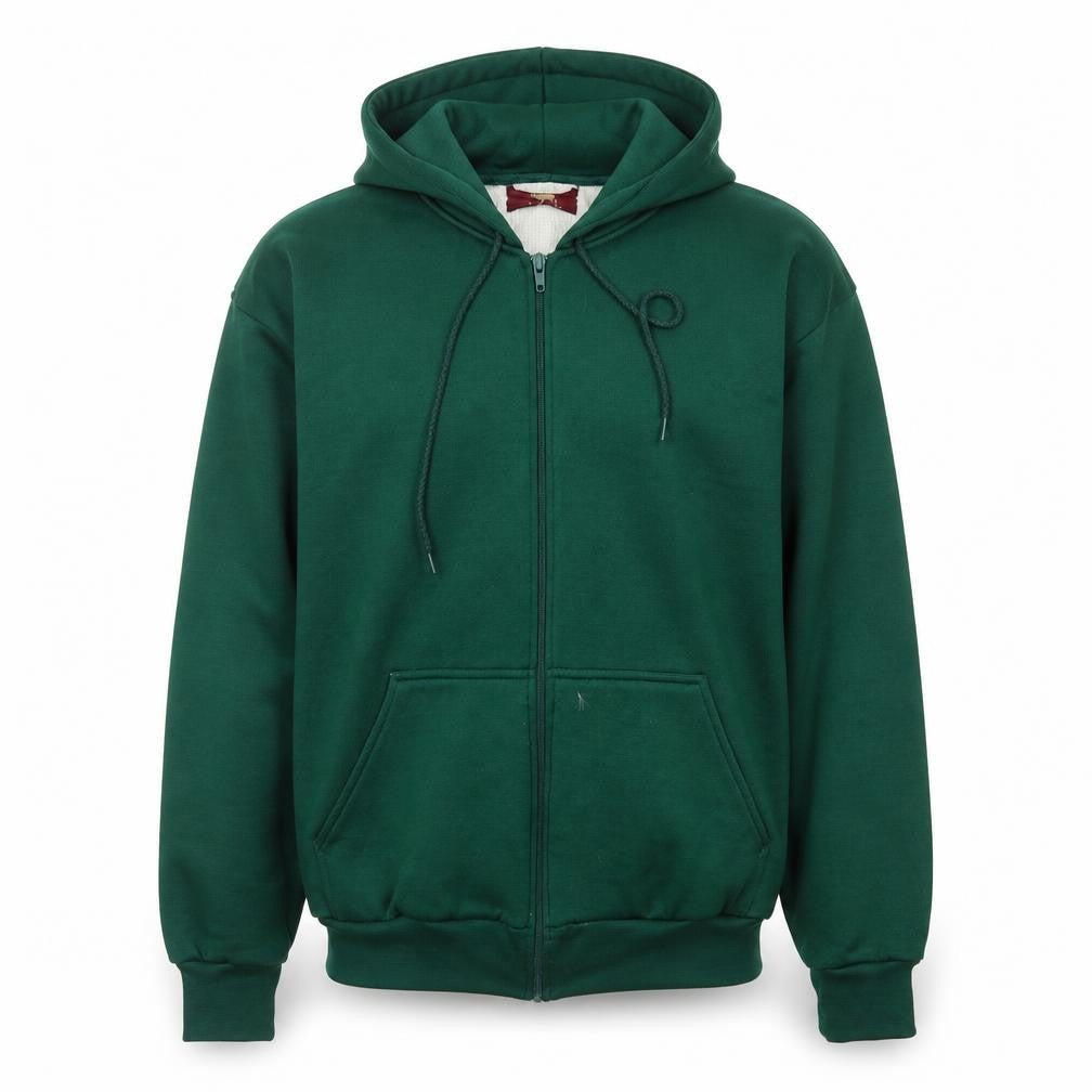 Front view of True Breed Men's Green Hooded Full Zip Fleece Jacket, size M