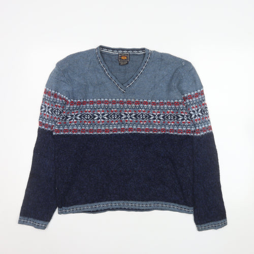 Route 66 Men's Blue Fair Isle V-Neck Acrylic Pullover Jumper XL