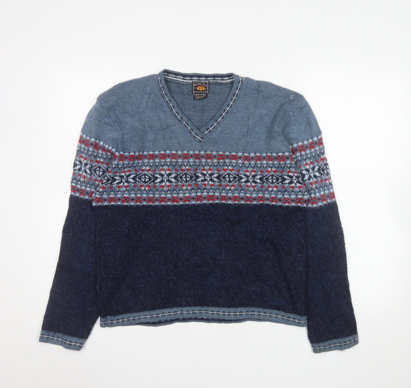 Route 66 Men's Blue Fair Isle V-Neck Acrylic Pullover Jumper XL