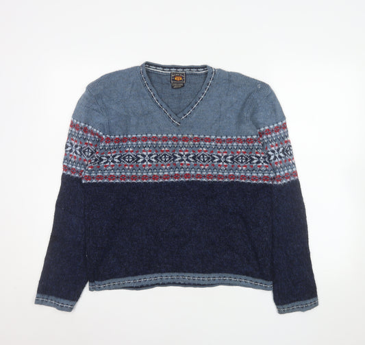 Route 66 Men's Blue Fair Isle V-Neck Acrylic Pullover Jumper XL