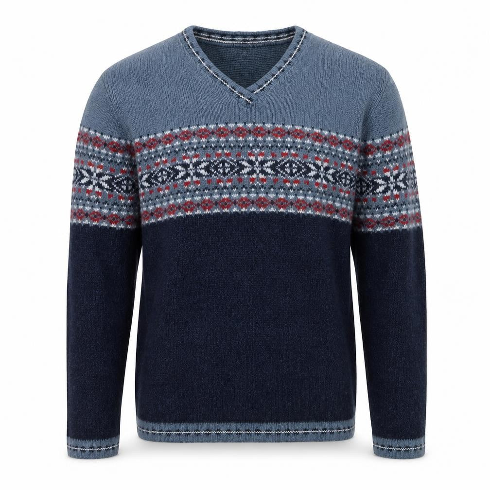 Front view of Route 66 Men's Blue Fair Isle V-Neck Acrylic jumper XL