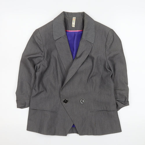 Denim Co Women Grey Double-Breasted Blazer Size 12 Regular Fit Work Jacket