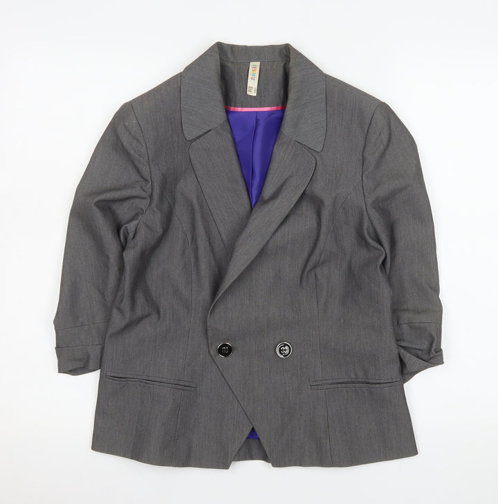 Denim Co Women Grey Double-Breasted Blazer Size 12 Regular Fit Work Jacket