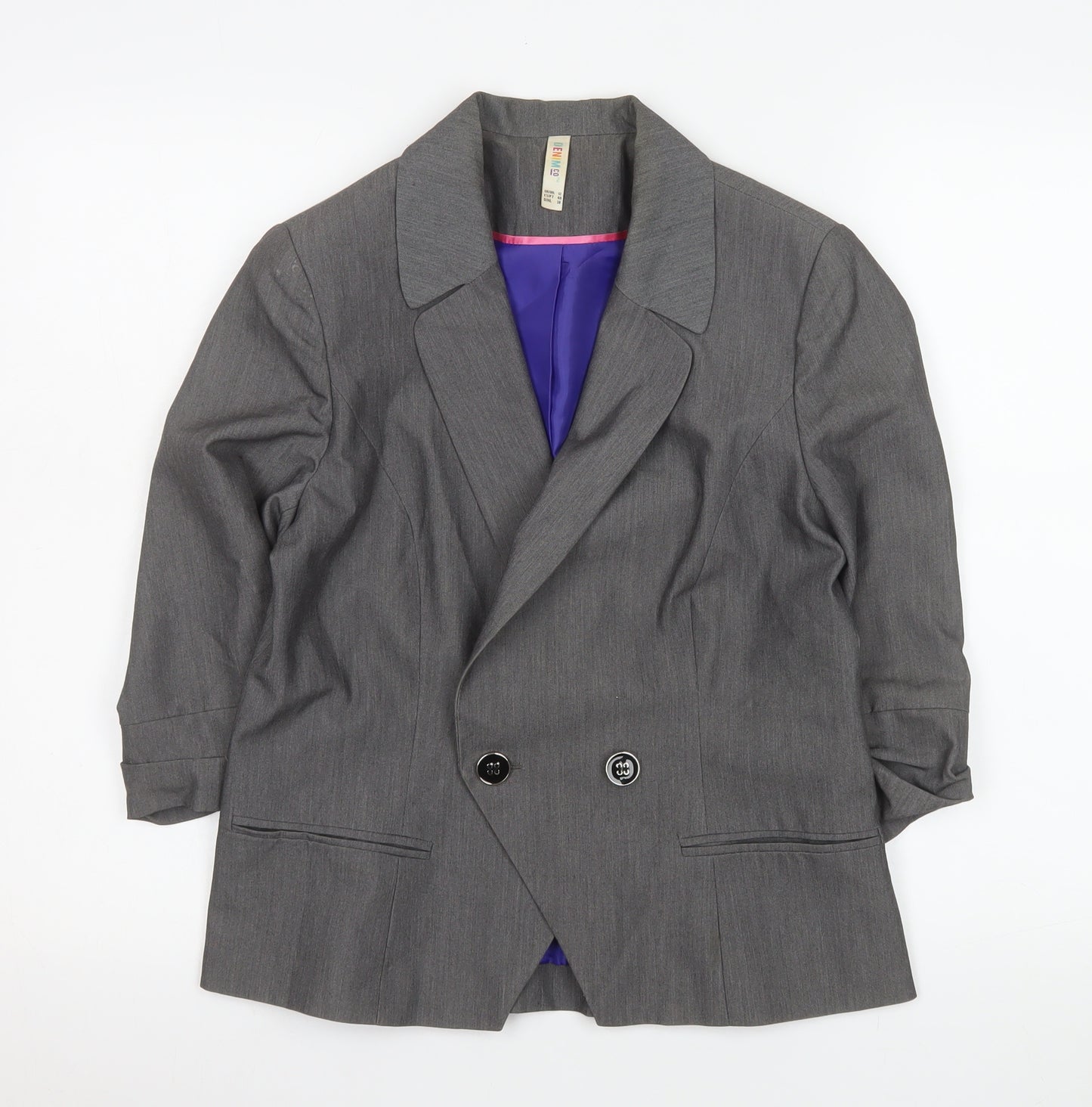 Denim Co Women Grey Double-Breasted Blazer Size 12 Regular Fit Work Jacket