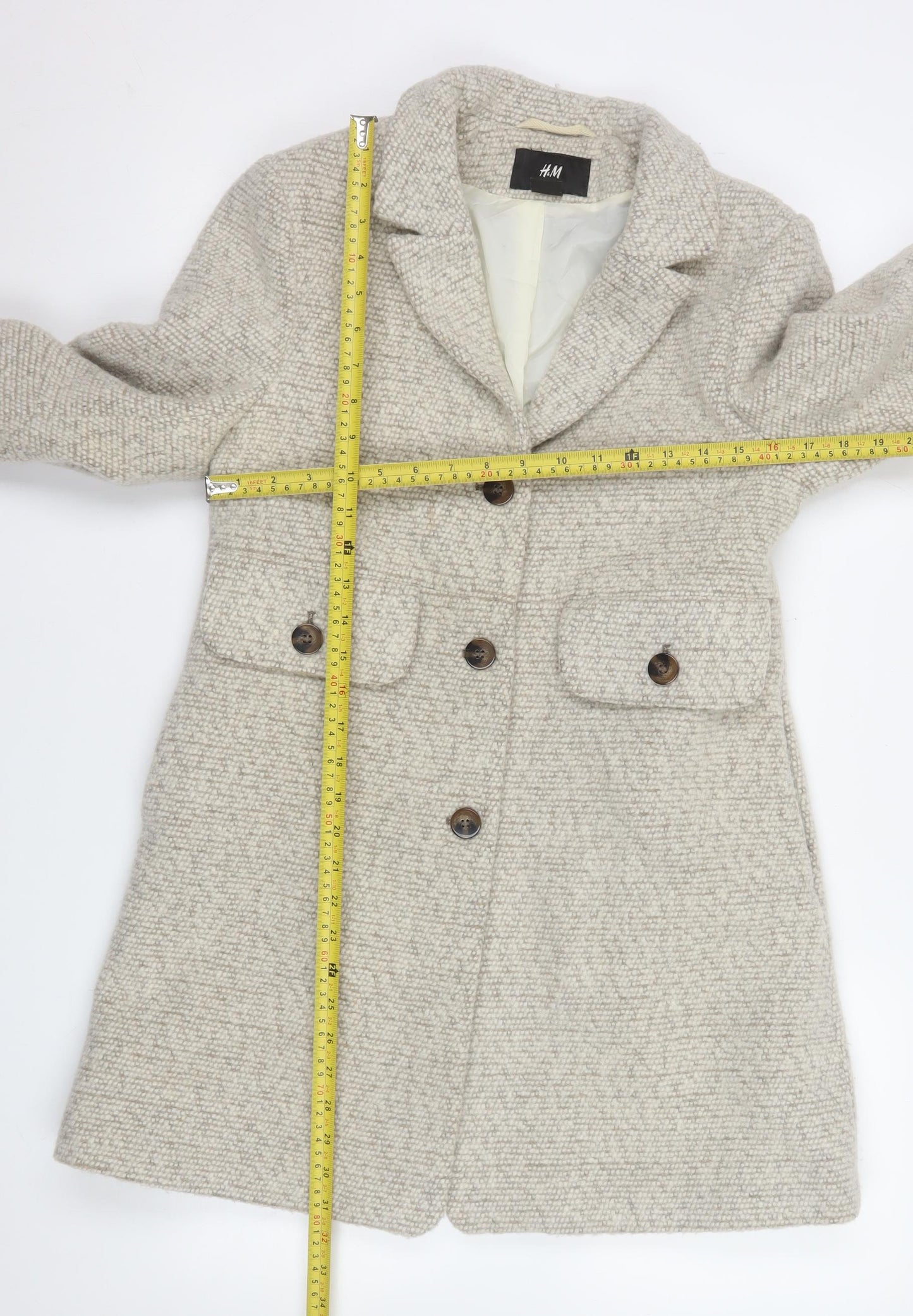 H&M Women Beige Wool Blend Mid-Length Overcoat Size 10