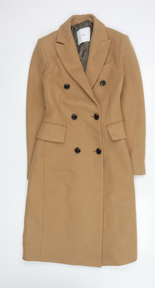 Mango Women Camel Wool Blend Long Double-Breasted Coat XS