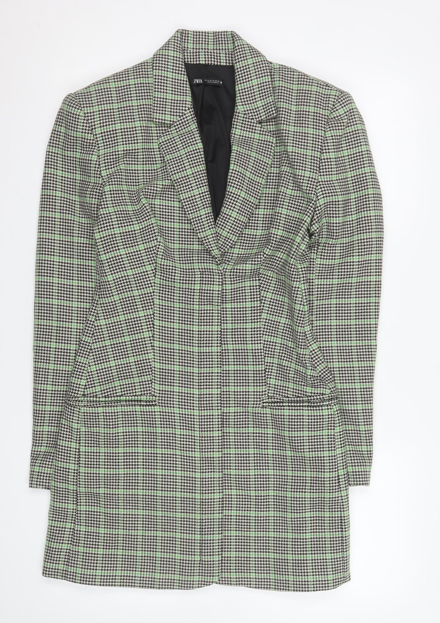 Zara Women Black Green Checked Longline Blazer Medium