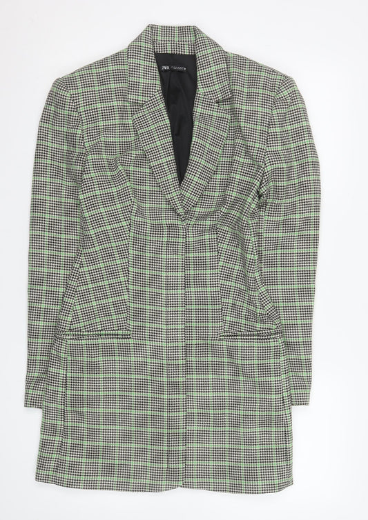 Zara Women Black Green Checked Longline Blazer Medium