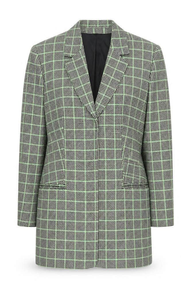 Front view of Zara Women Black Green Checked Longline Blazer Medium