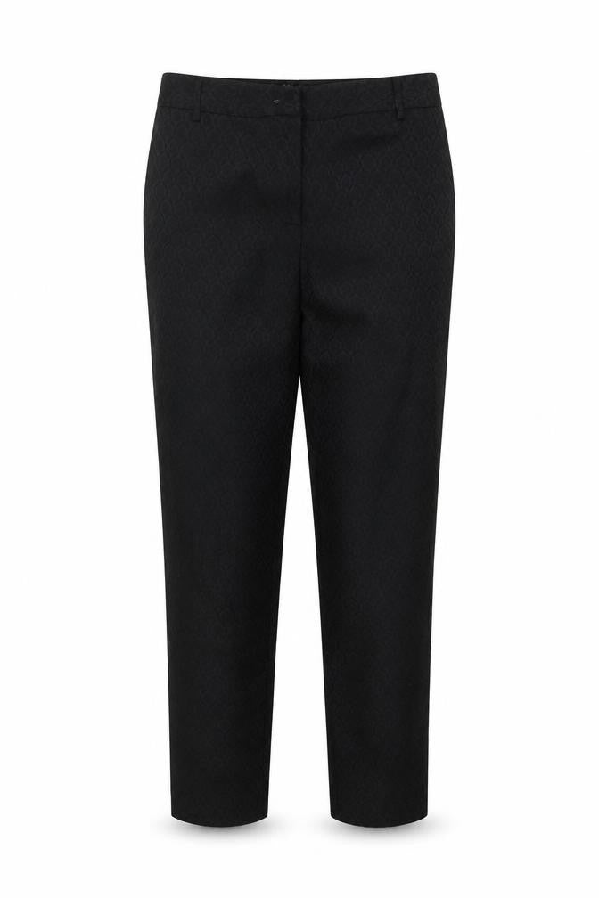 Front view of Oasis women’s black jacquard slim trousers, size UK 12