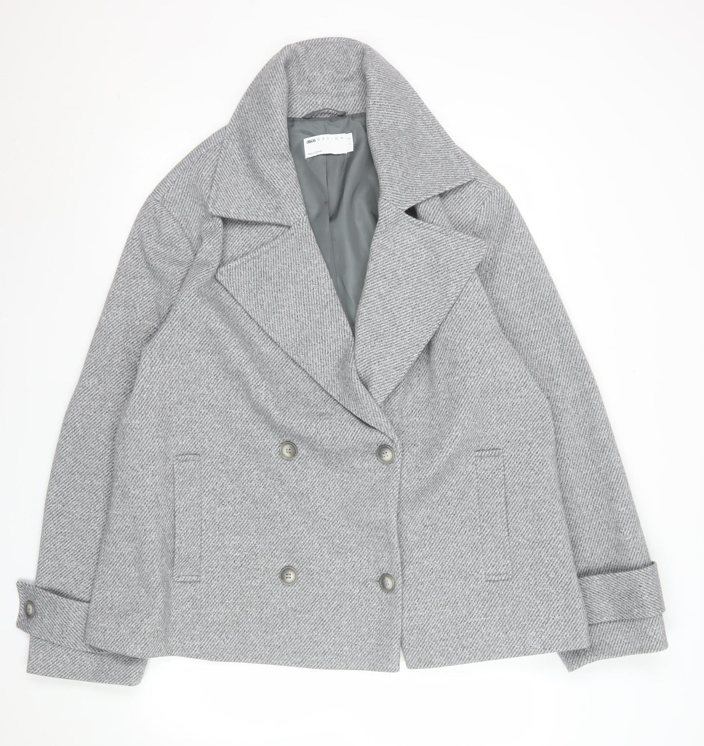 ASOS DESIGN Women’s Grey Pea Coat Short Herringbone L