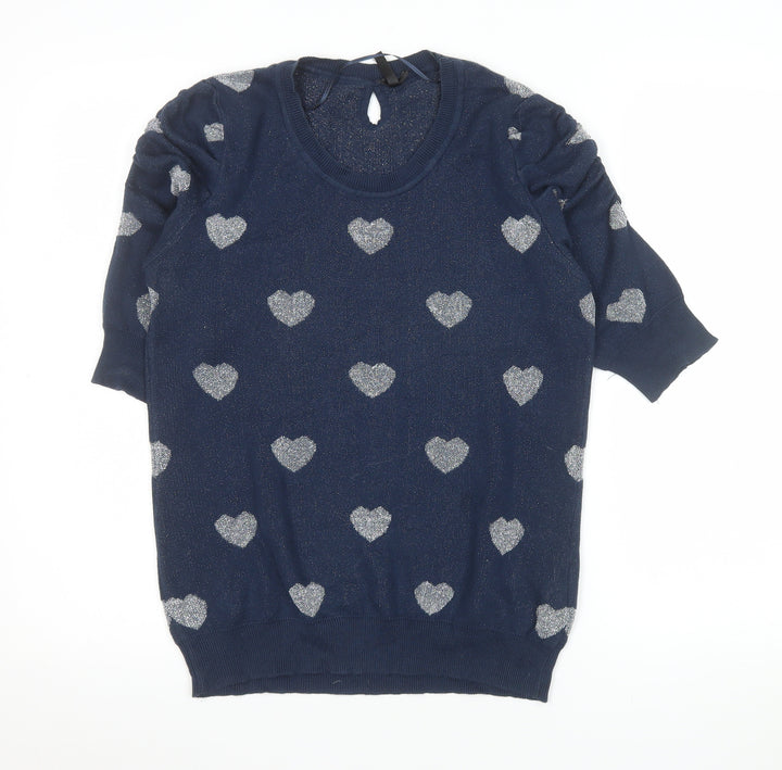 F XSide Women’s Blue Heart Glitter Knit Short Sleeve Top Size M