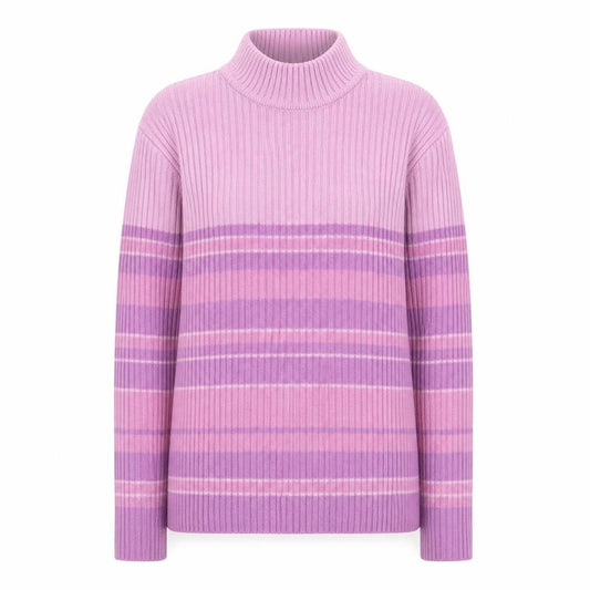 Front view of Bonmarché Women’s Pink Stripe Rib Knit Mock Neck Jumper, size M