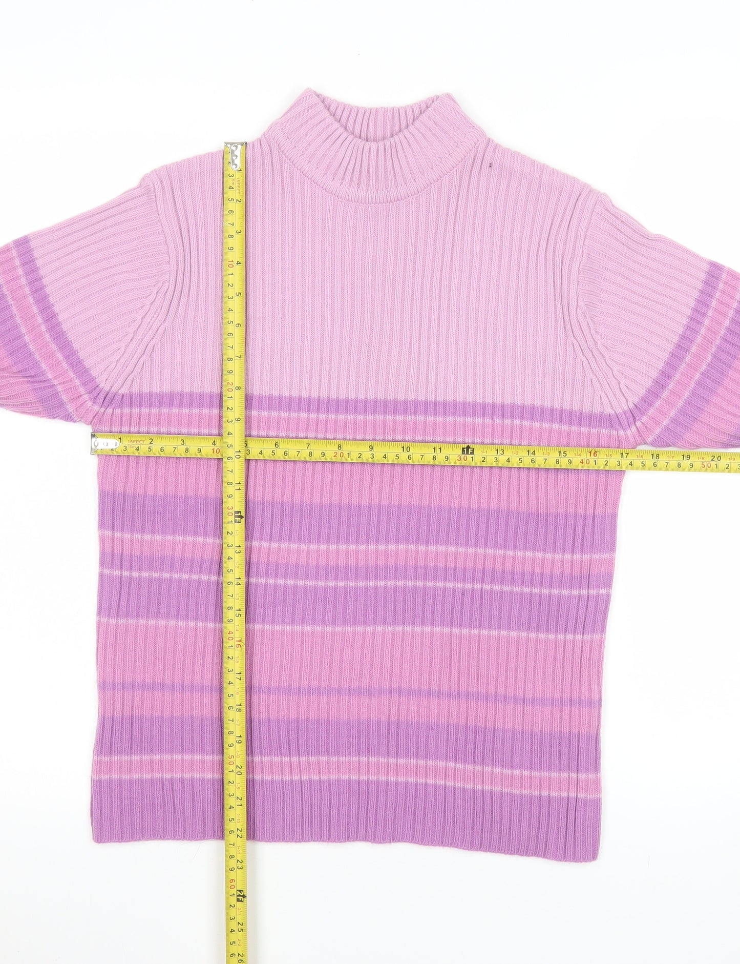 Bonmarché Women’s Pink Stripe Rib Knit Mock Neck Jumper Size M