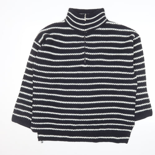 Brave Soul Men's Black Striped 1/2 Zip High Neck Chunky Knit Jumper M