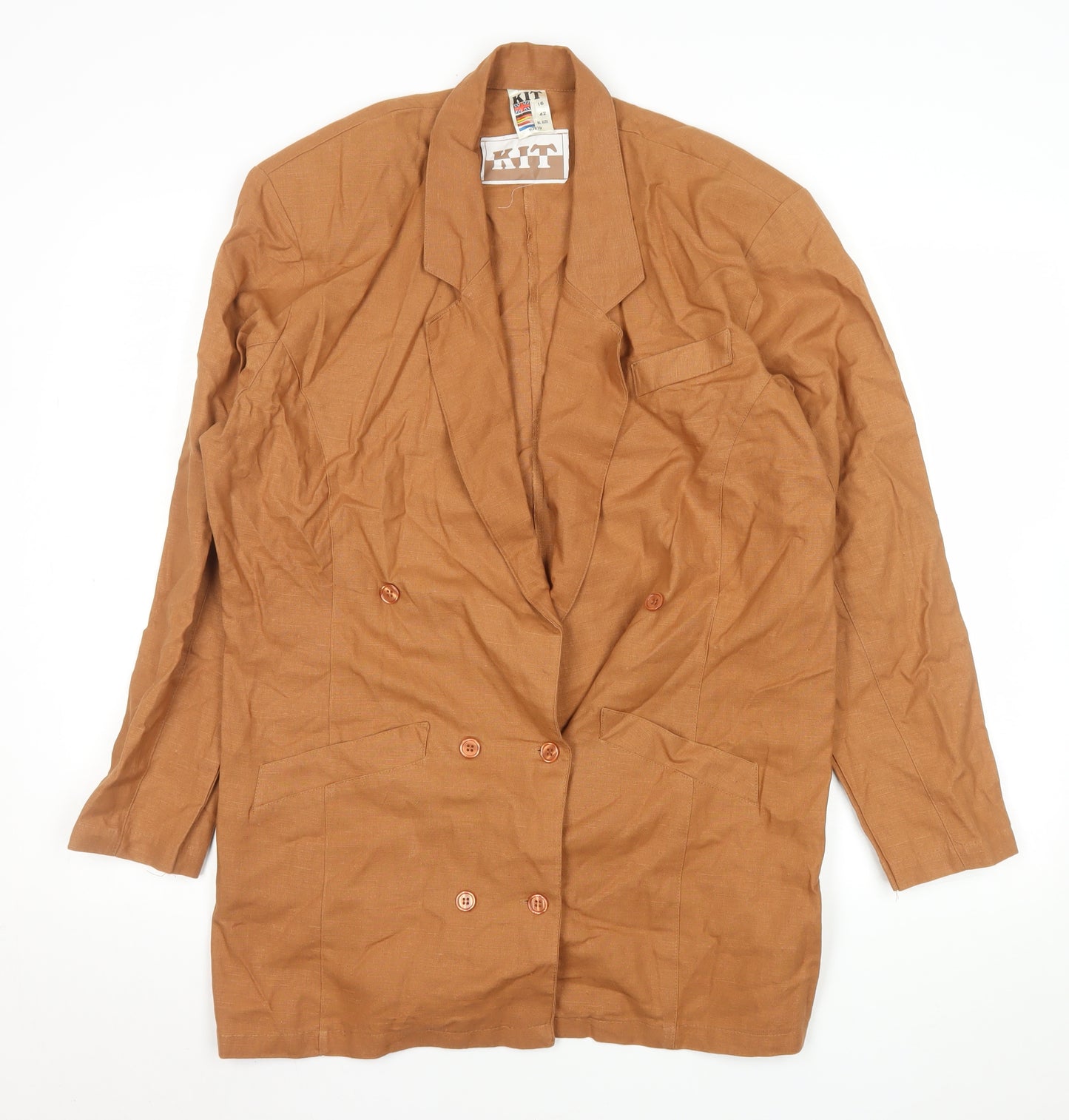 KIT Women Brown Linen Blend Double-Breasted Long Blazer Size 16