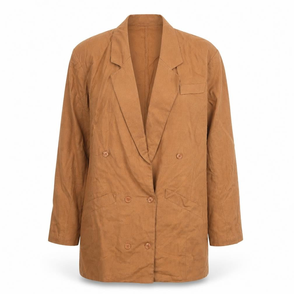 Front view of KIT Women Brown Linen Blend Double-Breasted Long Blazer, size 16