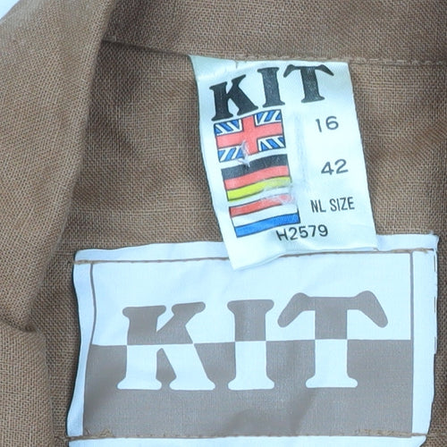KIT Women Brown Linen Blend Double-Breasted Long Blazer Size 16