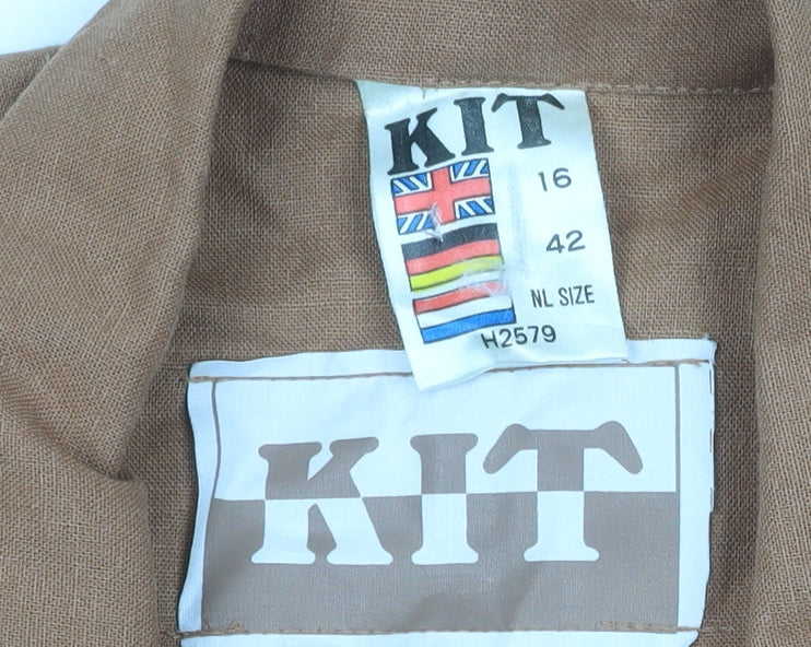 KIT Women Brown Linen Blend Double-Breasted Long Blazer Size 16