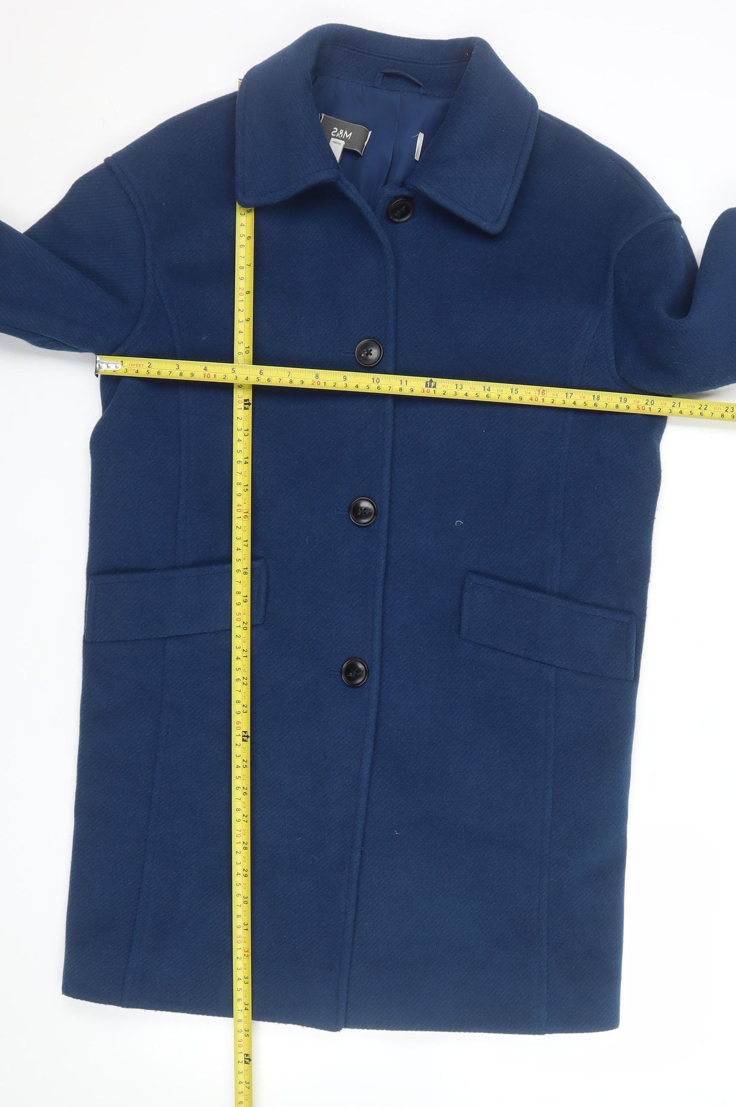 Marks and Spencer Women Blue Wool Blend Mid-Length Overcoat Size 8