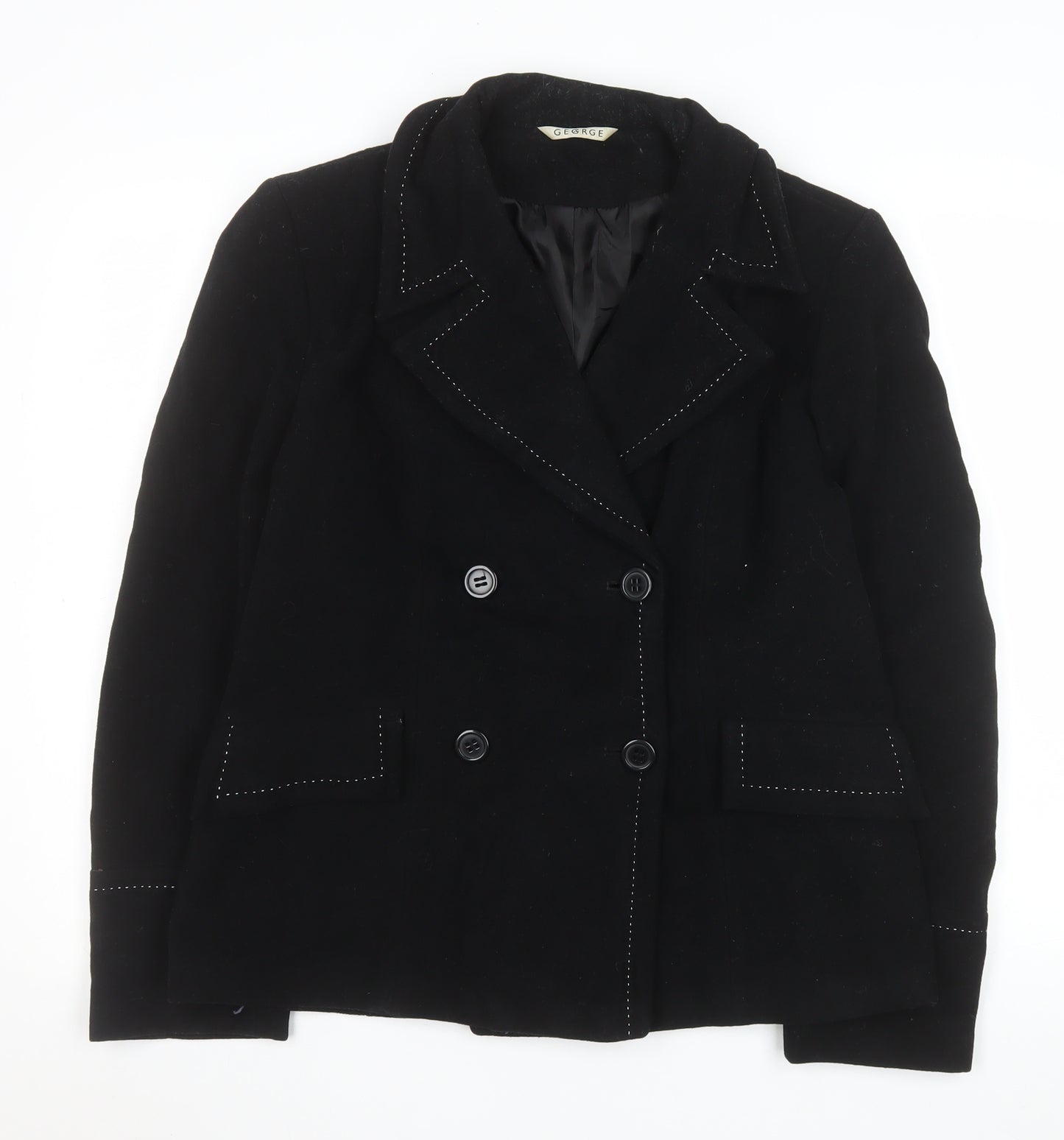 George Women’s Black Wool Blend Pea Coat UK 14 Button Mid-Length Jacket
