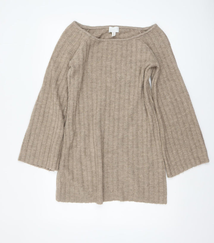 H&M Women’s Beige Ribbed Knit Pullover Jumper Size S 3/4 Sleeve