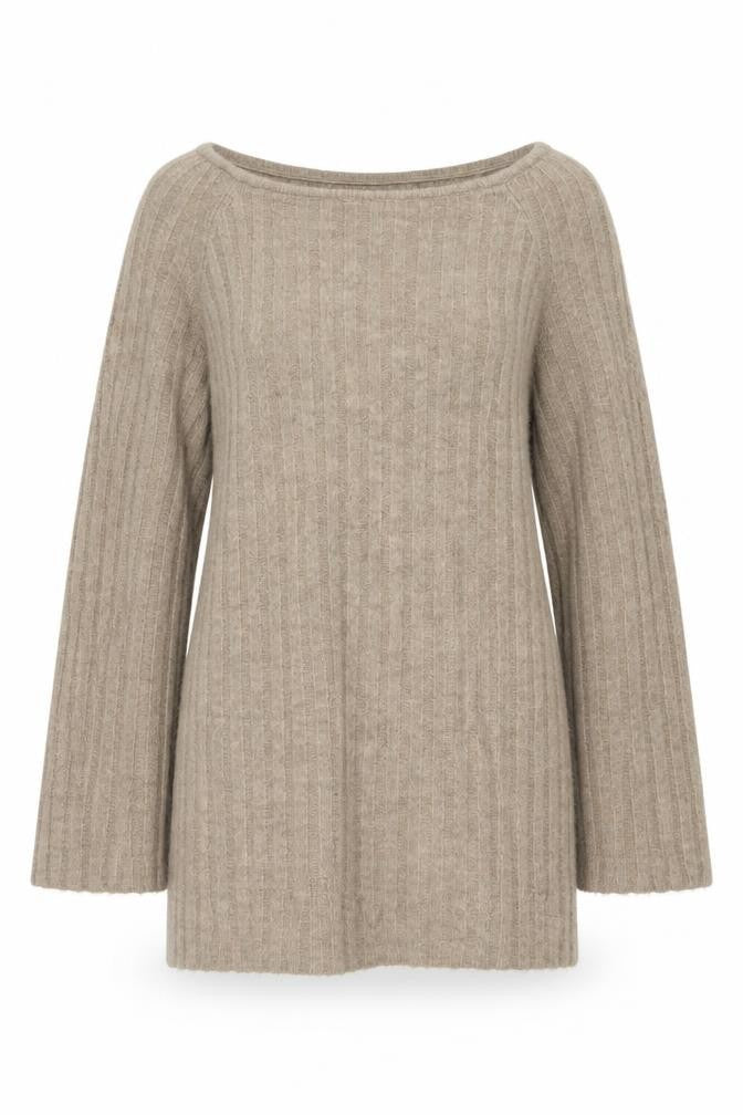 Front view of H&M Women’s Beige Ribbed Knit jumper, size S, 3/4 Sleeve