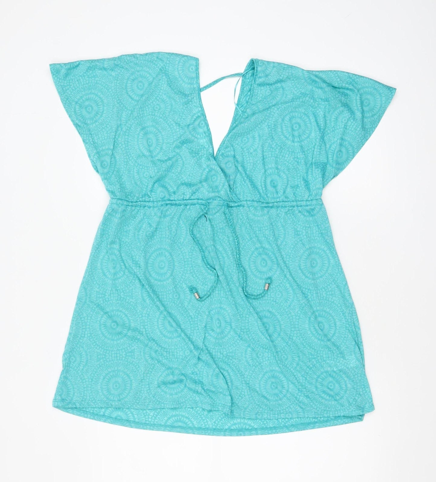 Primark Women's Blue Summer Tunic Blouse M V-Neck Tie Waist