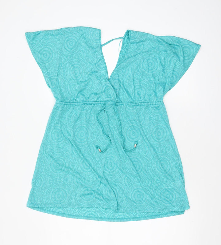 Primark Women's Blue Summer Tunic Blouse M V-Neck Tie Waist