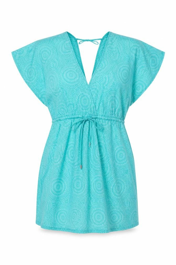 Primark Women's Blue Summer Tunic Blouse M V-Neck Tie Waist
