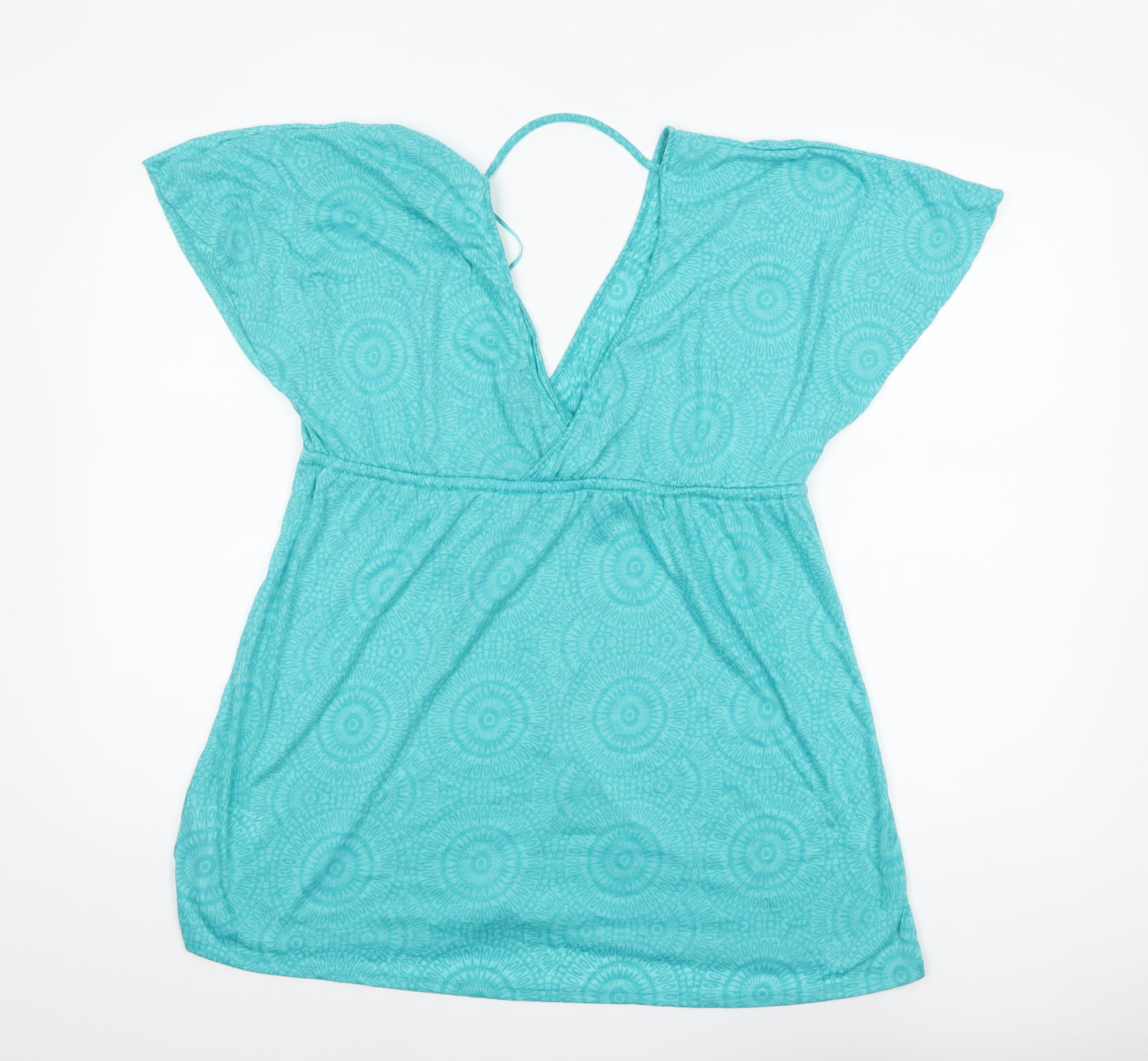 Primark Women's Blue Summer Tunic Blouse M V-Neck Tie Waist