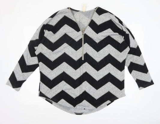Stella Women Black Grey Chevron 1/4 Zip V-Neck Long Sleeve Jumper Size 12
